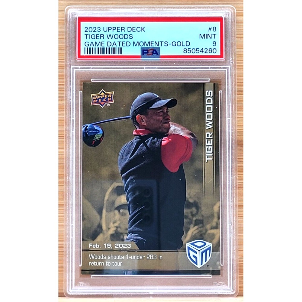 TIGER WOODS 2023 UPPER DECK GAME DATED MOMENTS GOLD #8 PSA 9